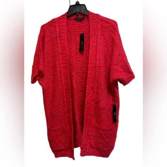 BCBGMAXAZRIA OPEN FRONT CARDIGAN CHUNKY CONFETTI KNIT SWEATER WOMENS RED SIZE L - Picture 2 of 13